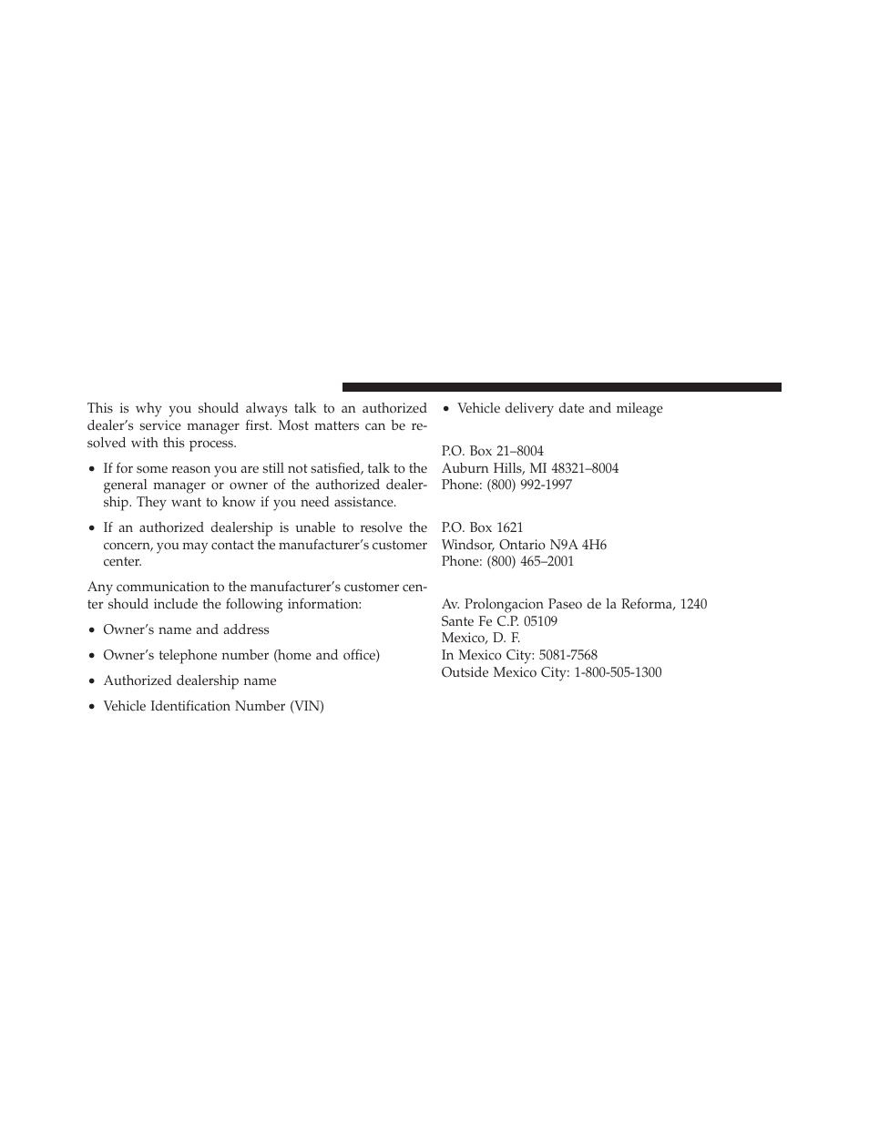 Chrysler llc customer center, Chrysler canada inc. customer center, In mexico contact | Jeep 2009 Wrangler - Owner Manual User Manual | Page 476 / 502