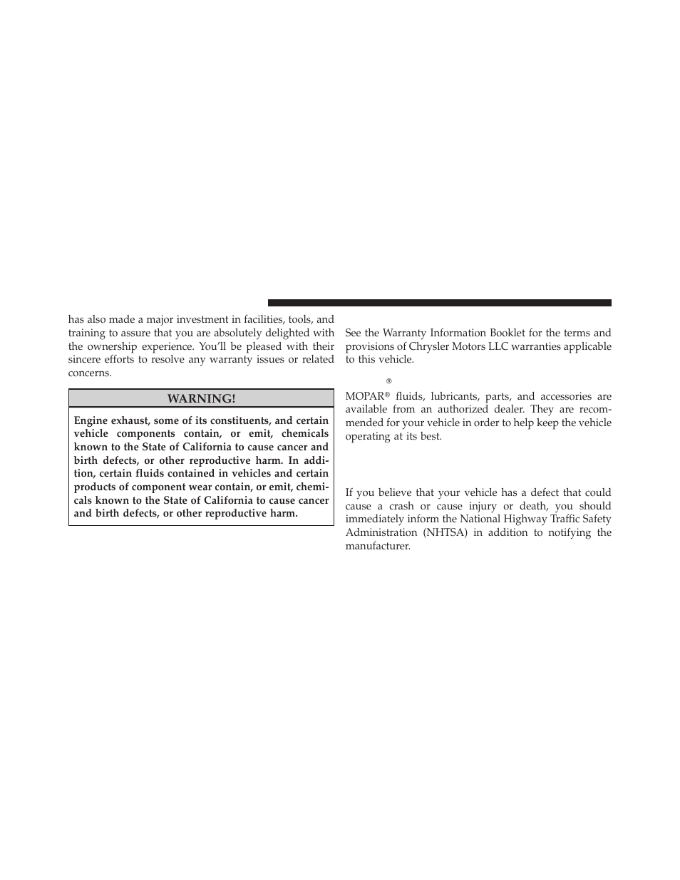 Warranty information (u.s. vehicles only), Moparĥ parts, Reporting safety defects | In the 50 united states and washington, d.c, Mopar௡ parts, In the 50 united states and washington | Jeep 2009 Wrangler - Owner Manual User Manual | Page 478 / 502