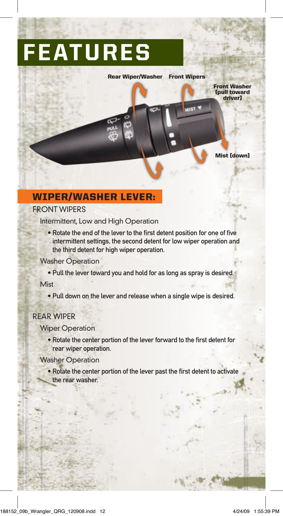 Vehicle features, Wiper/washer lever | Jeep 2009 Wrangler Unlimited - Quick Reference Guide User Manual | Page 11 / 12