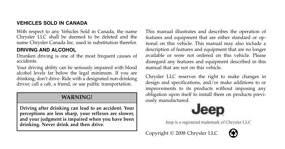 Jeep 2009 Wrangler Unlimited - Owner Manual User Manual | Page 2 / 496