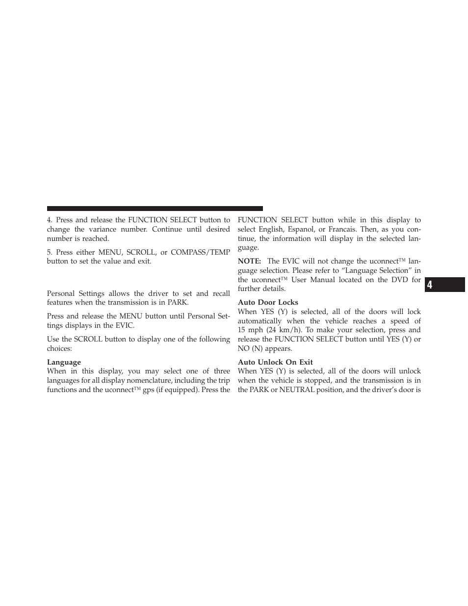 Personal settings (customer-programmable features), Personal settings (customer-programmable, Features) | Jeep 2010 Commander - Owner Manual User Manual | Page 181 / 460