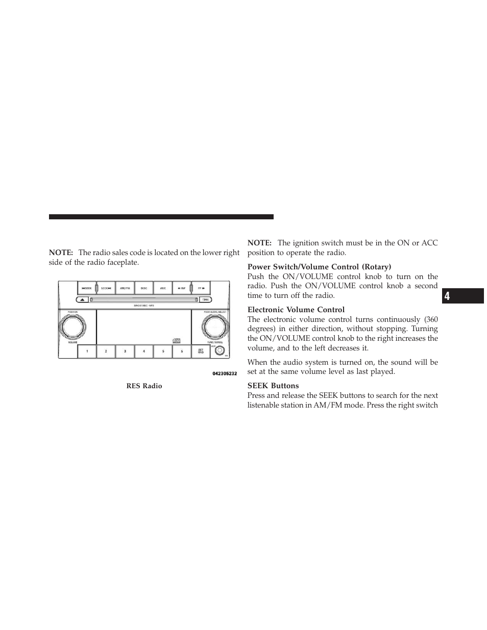 Operating instructions — radio mode, Sales code res — am/fm stereo radio with, Cd player (mp3 aux jack) | Jeep 2010 Commander - Owner Manual User Manual | Page 189 / 460