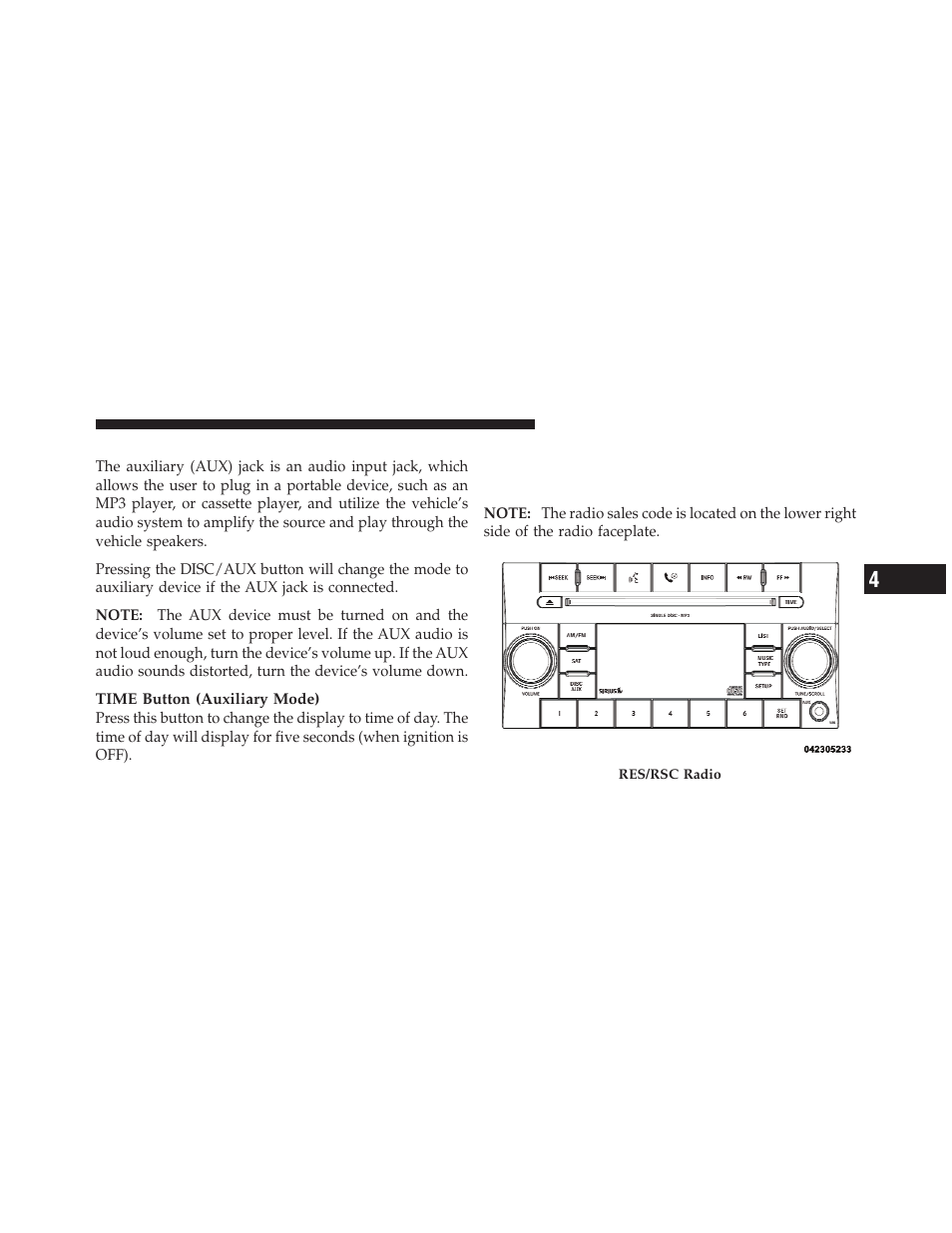 Operation instructions - auxiliary mode, Sales code res/rsc — am/fm stereo radio, With cd player (mp3 aux jack) and sirius radio | Jeep 2010 Commander - Owner Manual User Manual | Page 197 / 460