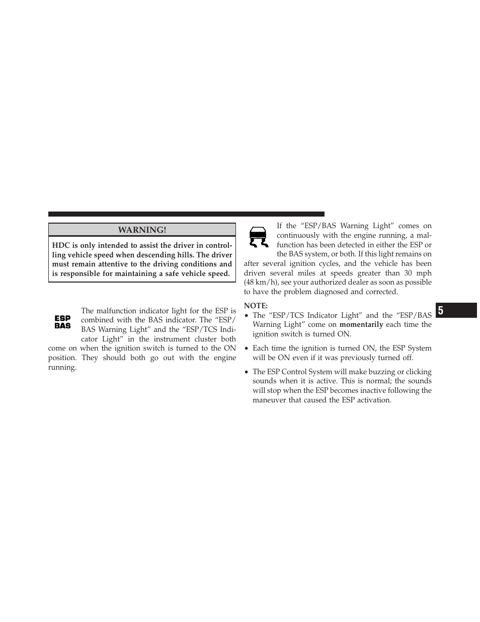 Esp/bas warning light and esp/tcs indicator light, Esp/bas warning light and esp/tcs, Indicator light | Jeep 2010 Commander - Owner Manual User Manual | Page 285 / 460