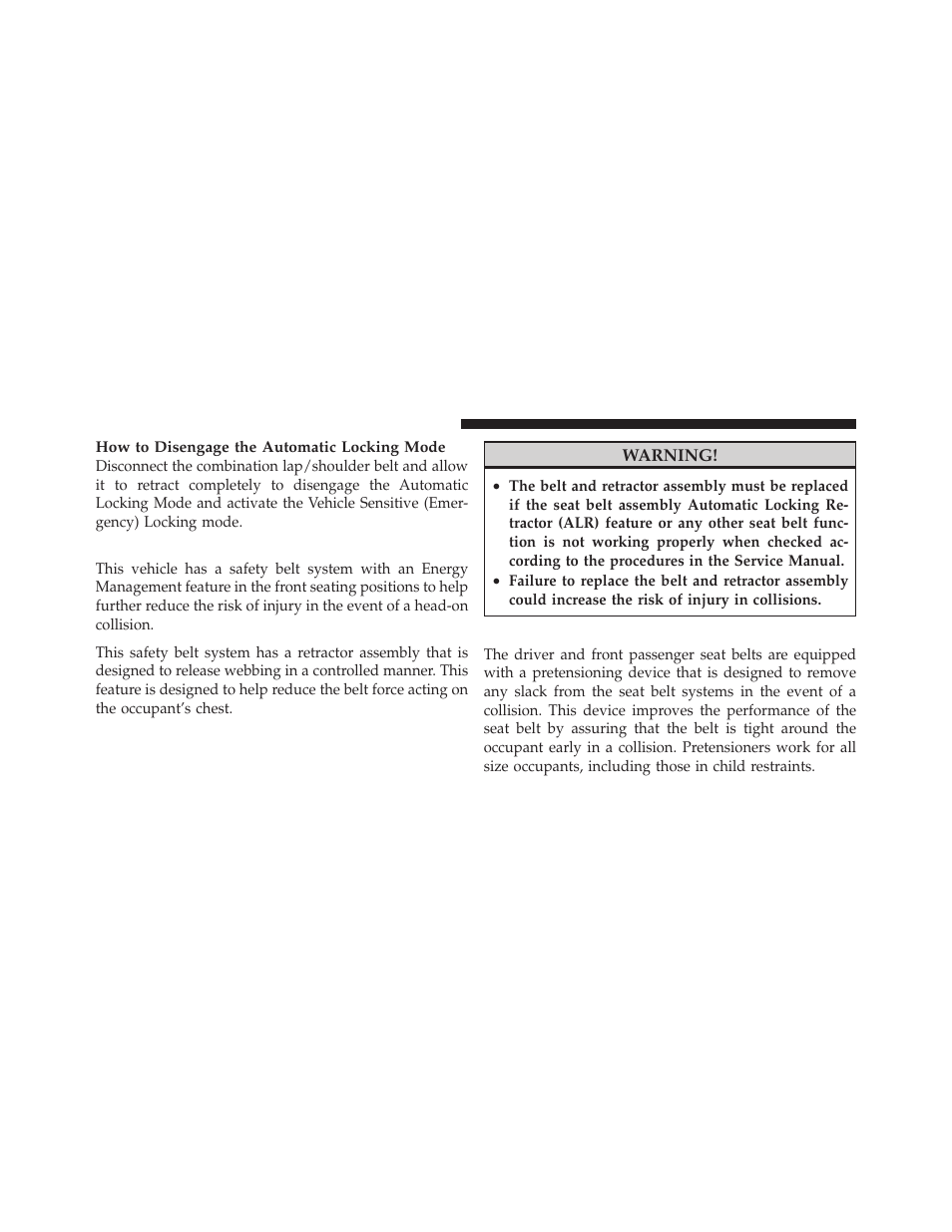 Energy management feature, Seat belt pretensioners | Jeep 2010 Commander - Owner Manual User Manual | Page 46 / 460