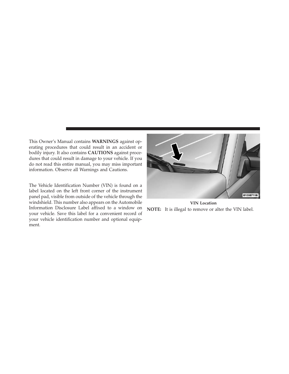 Warnings and cautions, Vehicle identification number | Jeep 2010 Commander - Owner Manual User Manual | Page 8 / 460