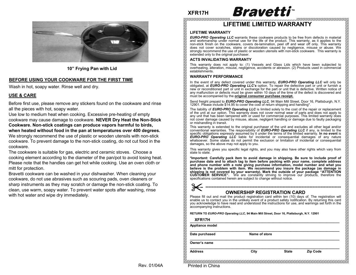 Lifetime limited warranty, Xfr17h | Bravetti XFR17H User Manual | Page 2 / 2