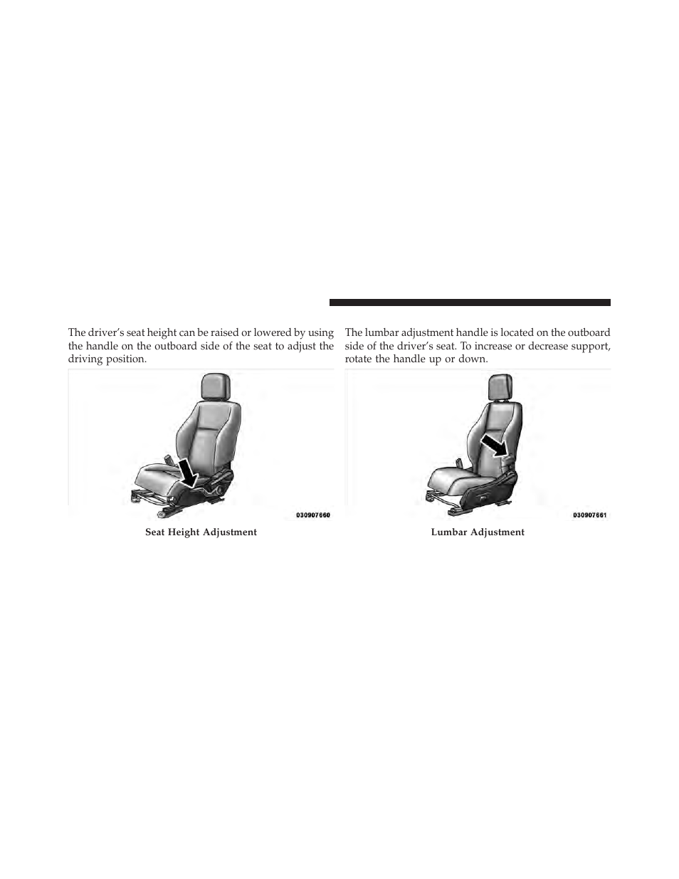 Manual seat height adjustment — if equipped, Manual lumbar — if equipped, Manual seat height adjustment | If equipped | Jeep 2010 Compass - Owner Manual User Manual | Page 129 / 474