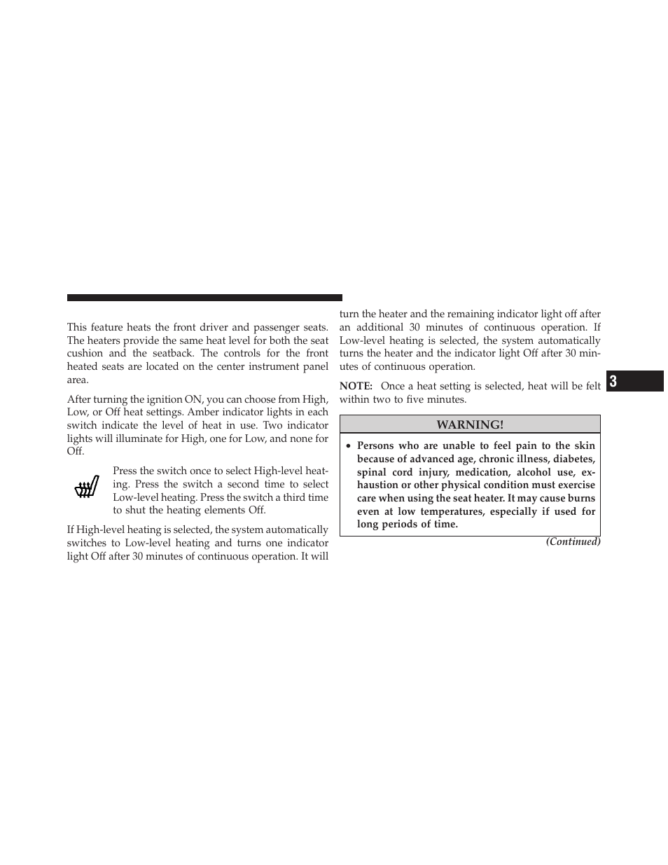 Heated seats — if equipped | Jeep 2010 Compass - Owner Manual User Manual | Page 132 / 474