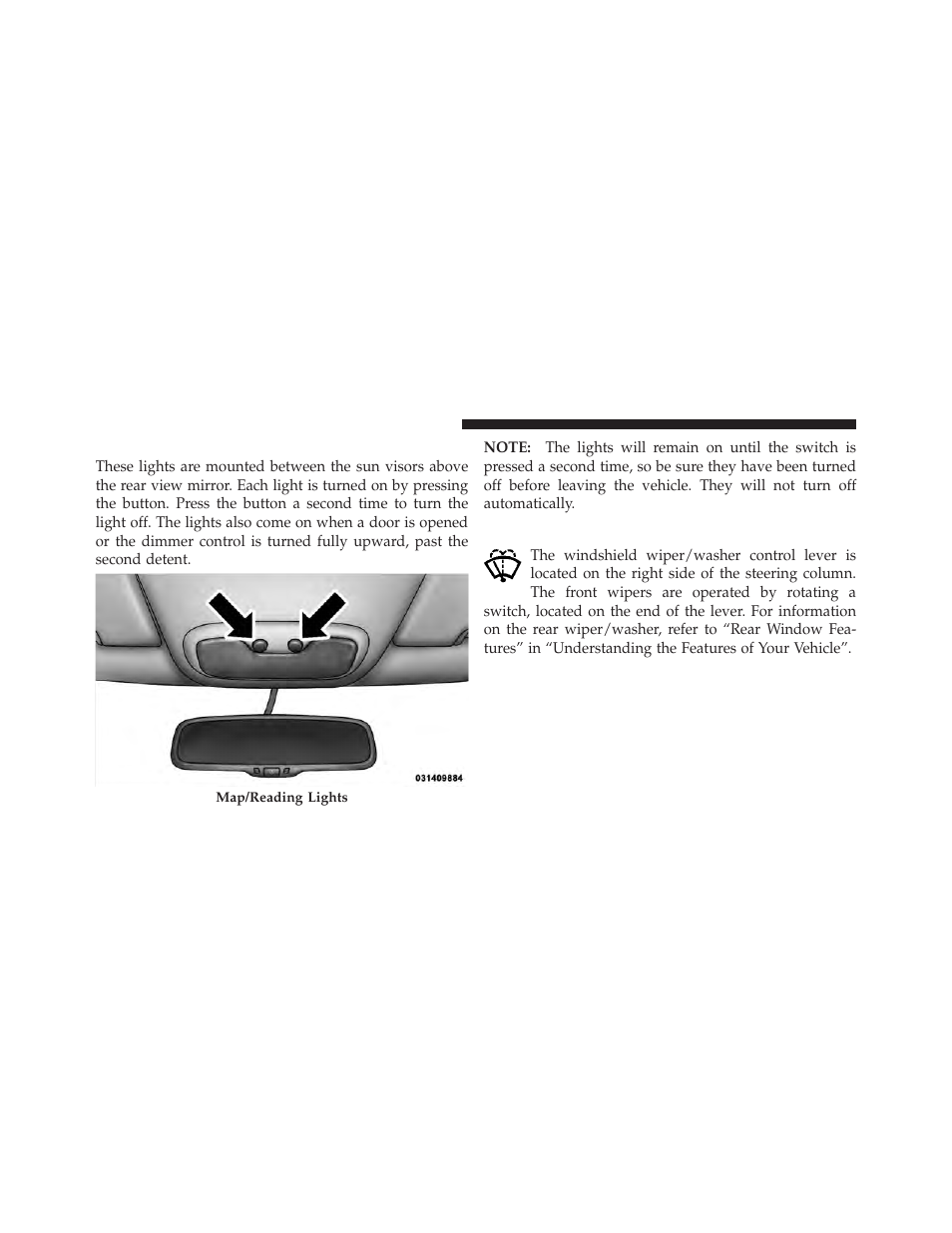 Map/reading lights, Windshield wipers and washers | Jeep 2010 Compass - Owner Manual User Manual | Page 145 / 474