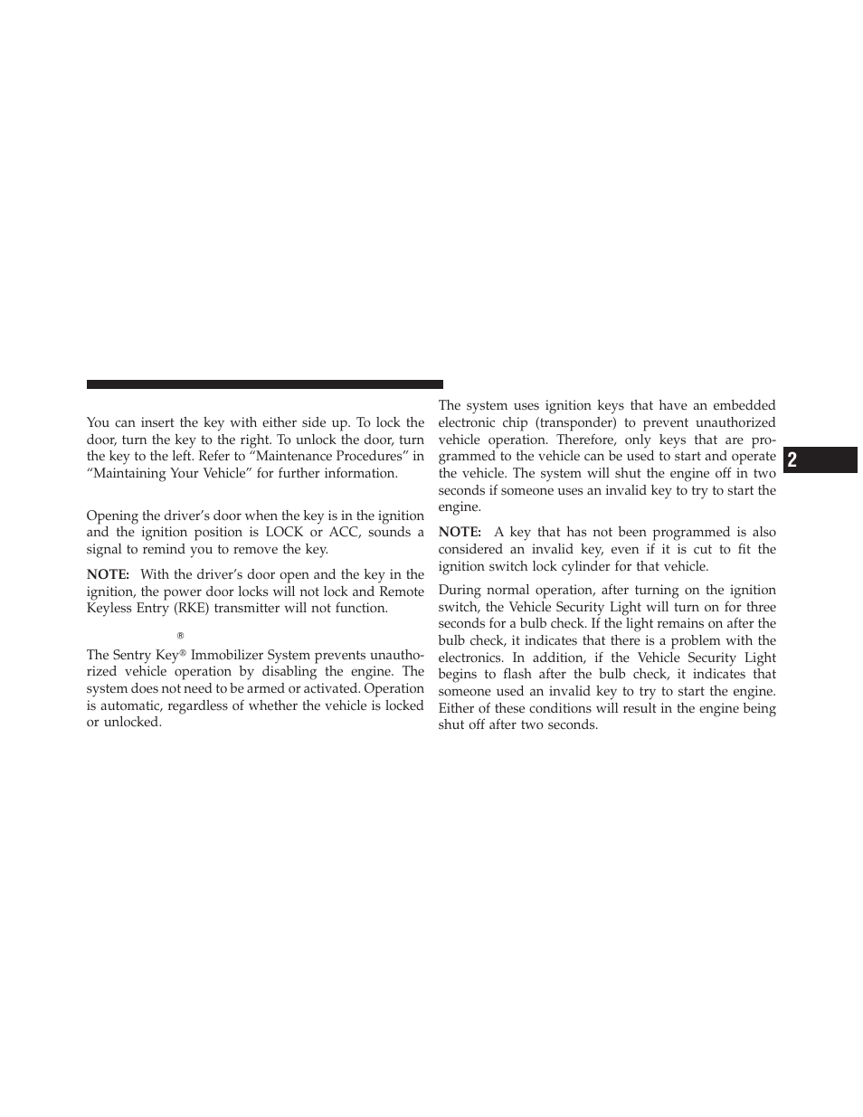 Locking doors with a key, Key-in-ignition reminder, Sentry key | Jeep 2010 Compass - Owner Manual User Manual | Page 16 / 474