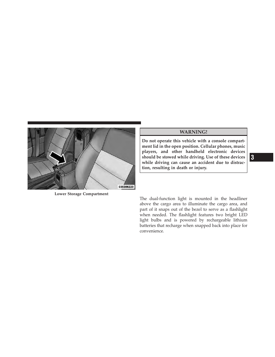 Cargo area features, Cargo light/removable self-recharging flashlight, Cargo light/removable self-recharging | Flashlight | Jeep 2010 Compass - Owner Manual User Manual | Page 170 / 474