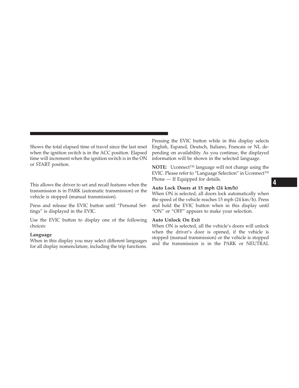 Elapsed time, Personal settings (customer-programmable features), Personal settings | Customer-programmable features) | Jeep 2010 Compass - Owner Manual User Manual | Page 202 / 474
