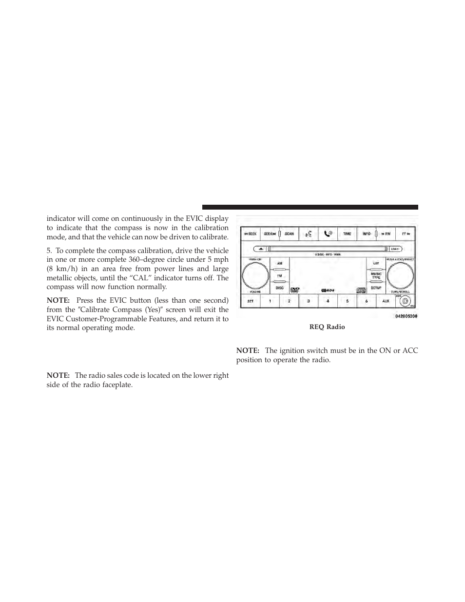 Operating instructions - radio mode, Media center 230 (req) — am/fm stereo, Radio and 6–disc cd/dvd changer (mp3/wma aux jack) | Jeep 2010 Compass - Owner Manual User Manual | Page 207 / 474