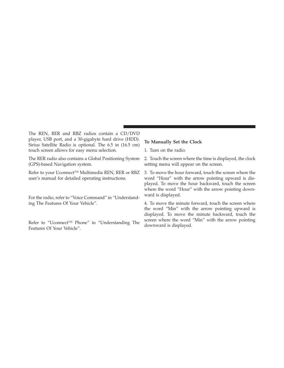 Clock setting procedure — rbz radio, Operating instructions — voice command, System — if equipped | Operating instructions, Uconnect™ phone — if equipped | Jeep 2010 Compass - Owner Manual User Manual | Page 223 / 474