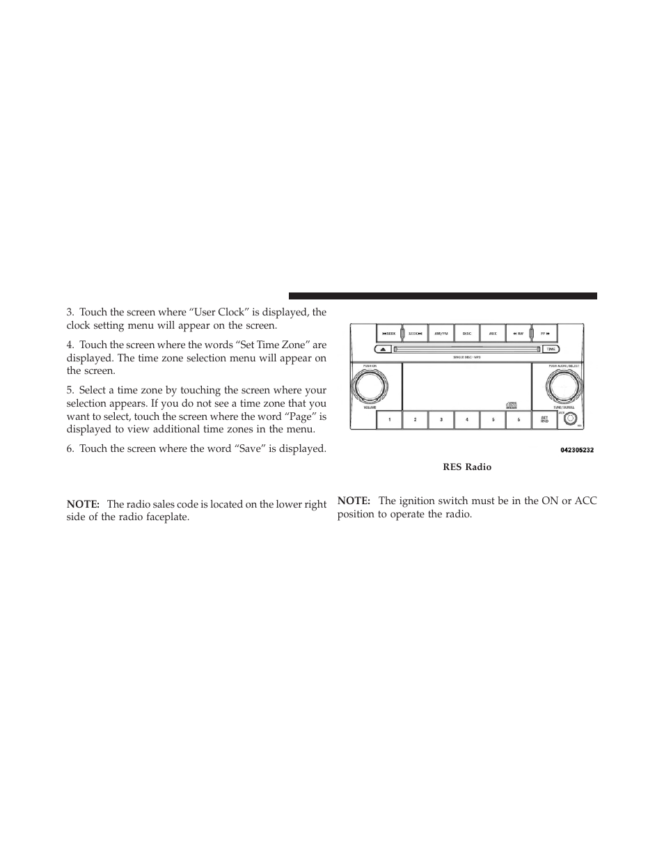 Operating instructions — radio mode, Media center 130 (res) — am/fm stereo, Radio with cd player (mp3 aux jack) | Jeep 2010 Compass - Owner Manual User Manual | Page 227 / 474