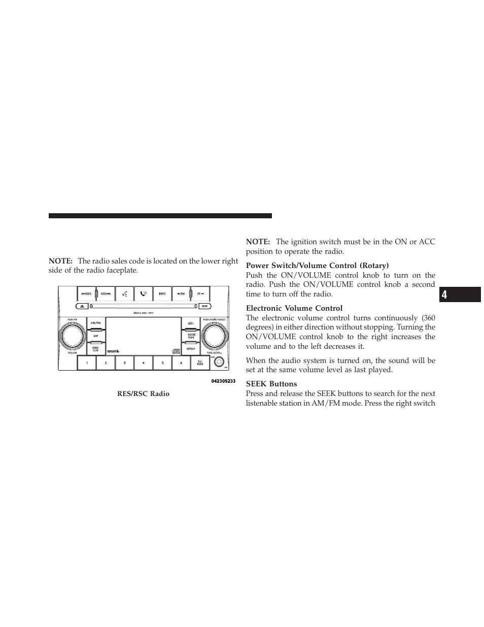 Operating instructions — radio mode, Media center 130 (res/rsc) — am/fm | Jeep 2010 Compass - Owner Manual User Manual | Page 236 / 474