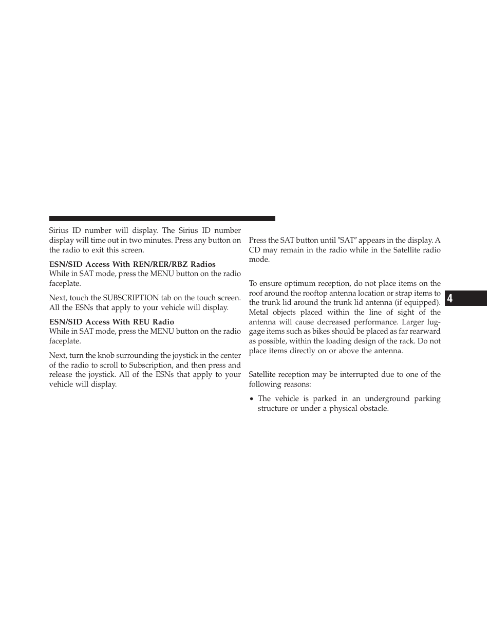 Selecting uconnect™ multimedia (satellite) mode, Satellite antenna, Reception quality | Selecting uconnect™ multimedia (satellite), Mode | Jeep 2010 Compass - Owner Manual User Manual | Page 254 / 474