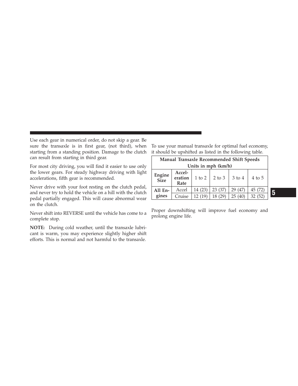 Recommended shift speeds, Downshifting | Jeep 2010 Compass - Owner Manual User Manual | Page 282 / 474