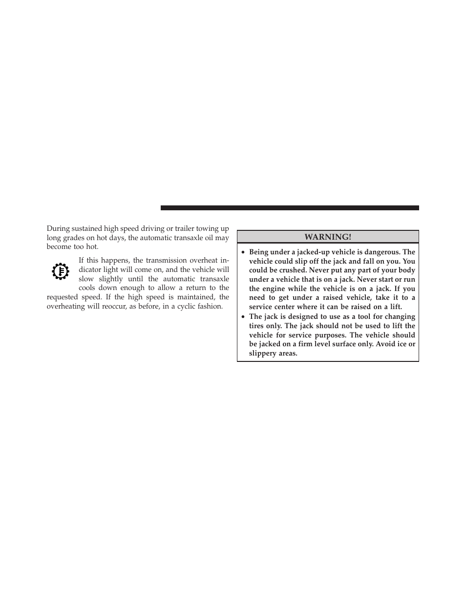 Automatic transaxle overheating, Jacking and tire changing | Jeep 2010 Compass - Owner Manual User Manual | Page 361 / 474