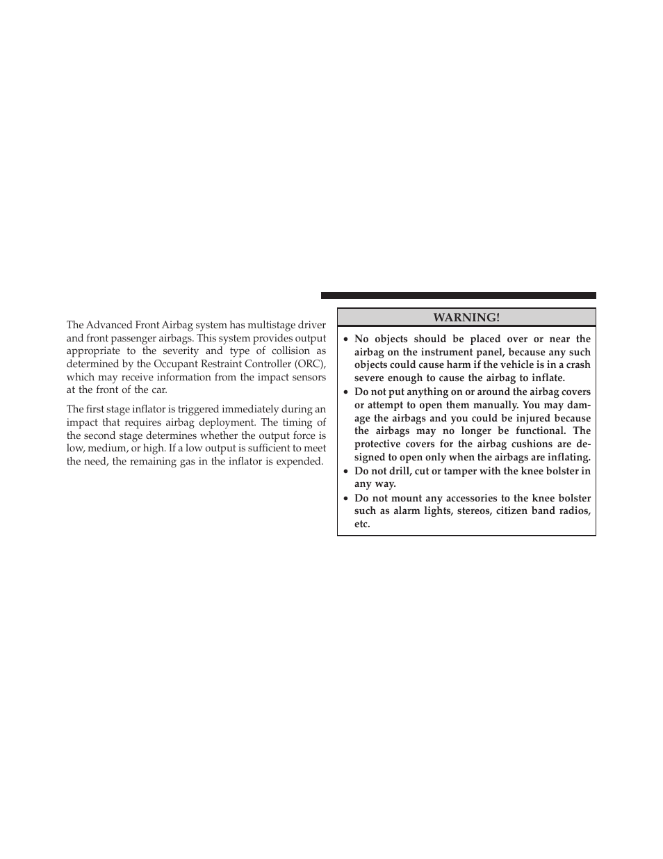 Advanced front airbag features | Jeep 2010 Compass - Owner Manual User Manual | Page 59 / 474