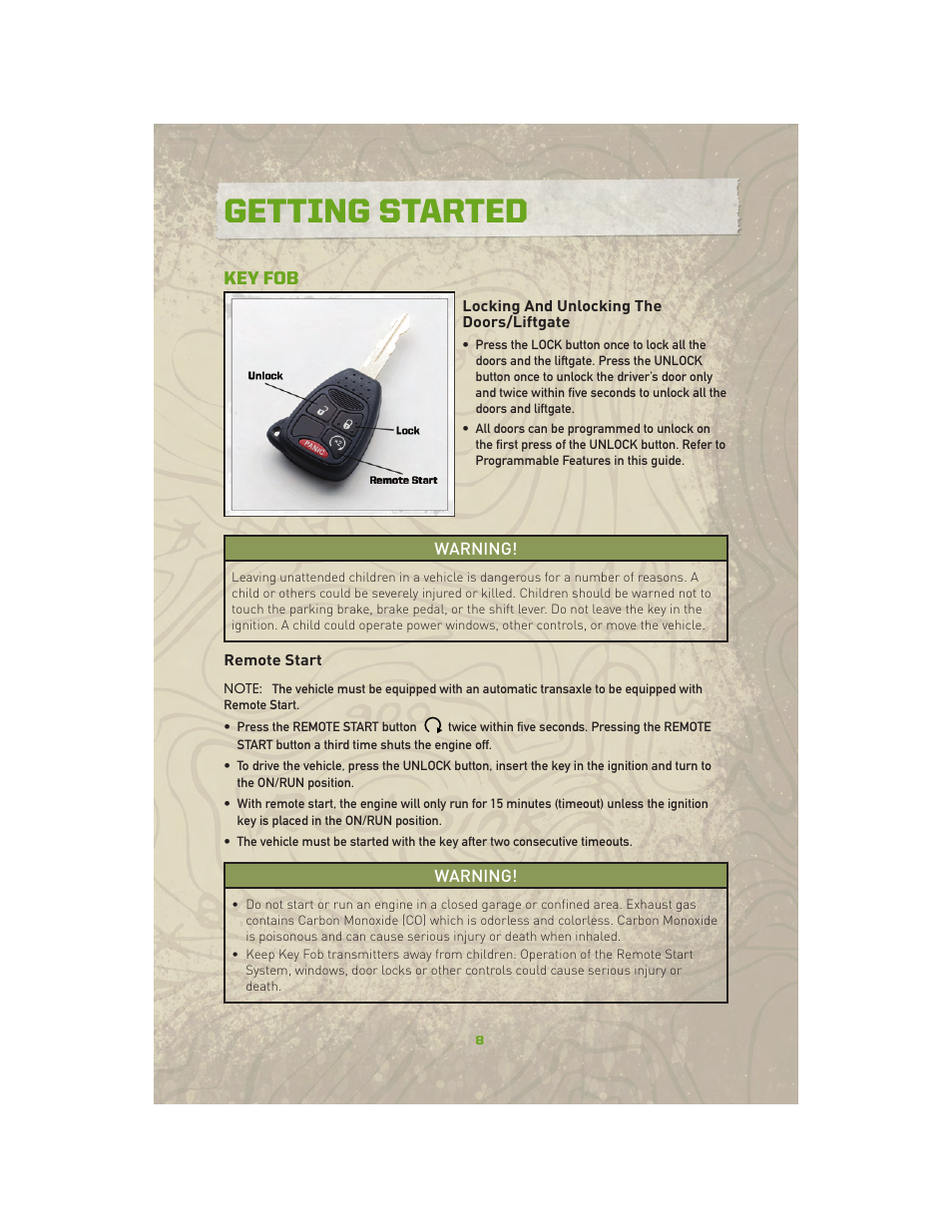 Getting started, Key fob, Locking and unlocking the doors/liftgate | Remote start | Jeep 2010 Compass - User Guide User Manual | Page 10 / 76