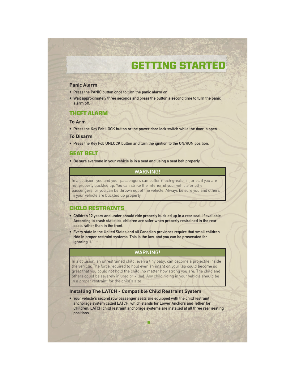 Panic alarm, Theft alarm, To arm | To disarm, Seat belt, Child restraints, Getting started | Jeep 2010 Compass - User Guide User Manual | Page 11 / 76