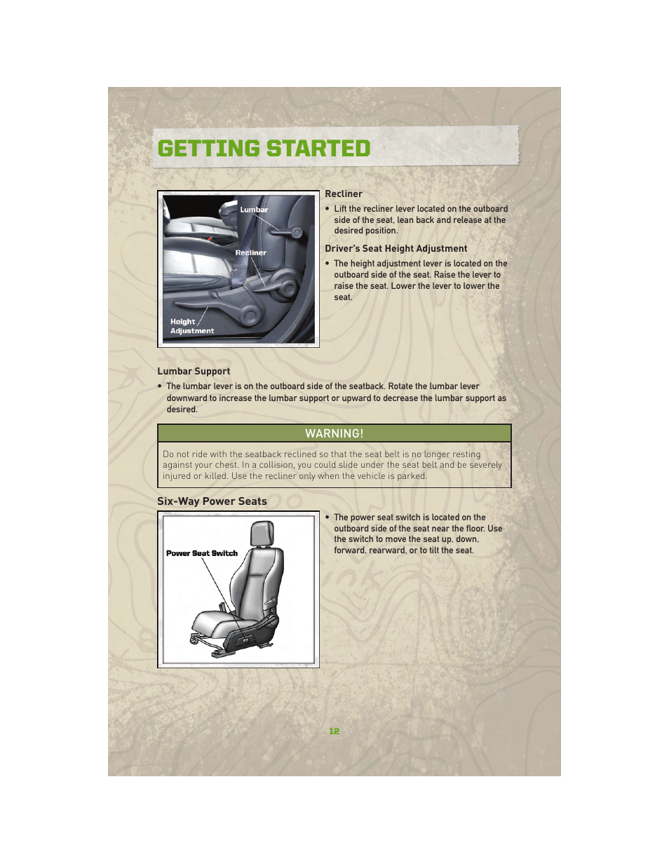 Six-way power seats, Getting started | Jeep 2010 Compass - User Guide User Manual | Page 14 / 76
