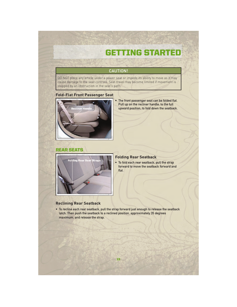 Fold-flat front passenger seat, Rear seats, Folding rear seatback | Reclining rear seatback, Getting started | Jeep 2010 Compass - User Guide User Manual | Page 15 / 76