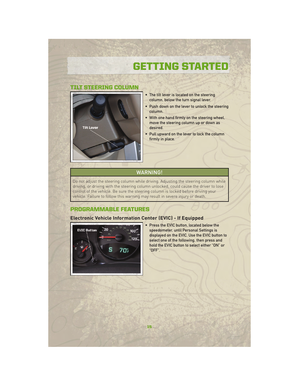 Tilt steering column, Programmable features, Getting started | Jeep 2010 Compass - User Guide User Manual | Page 17 / 76