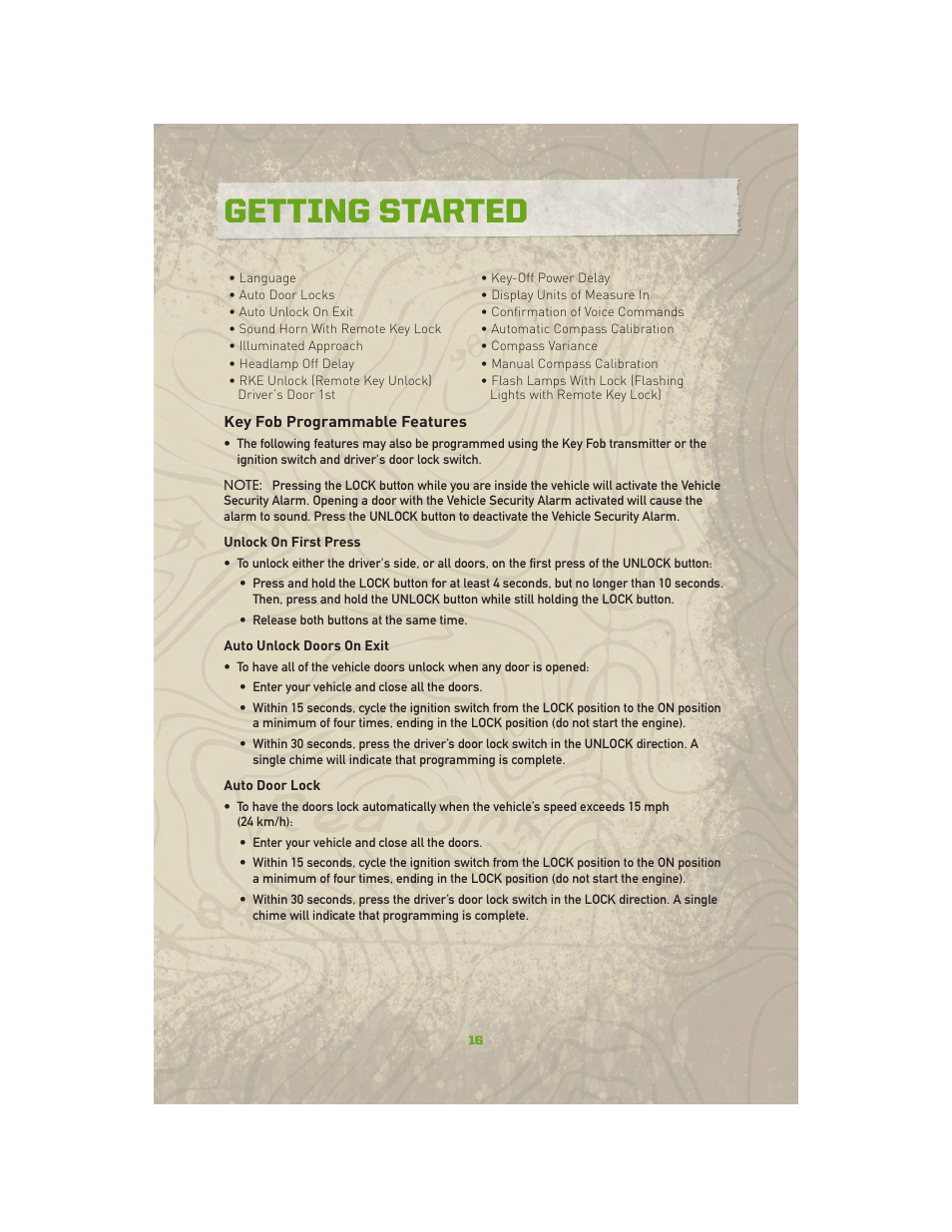 Key fob programmable features, Getting started | Jeep 2010 Compass - User Guide User Manual | Page 18 / 76