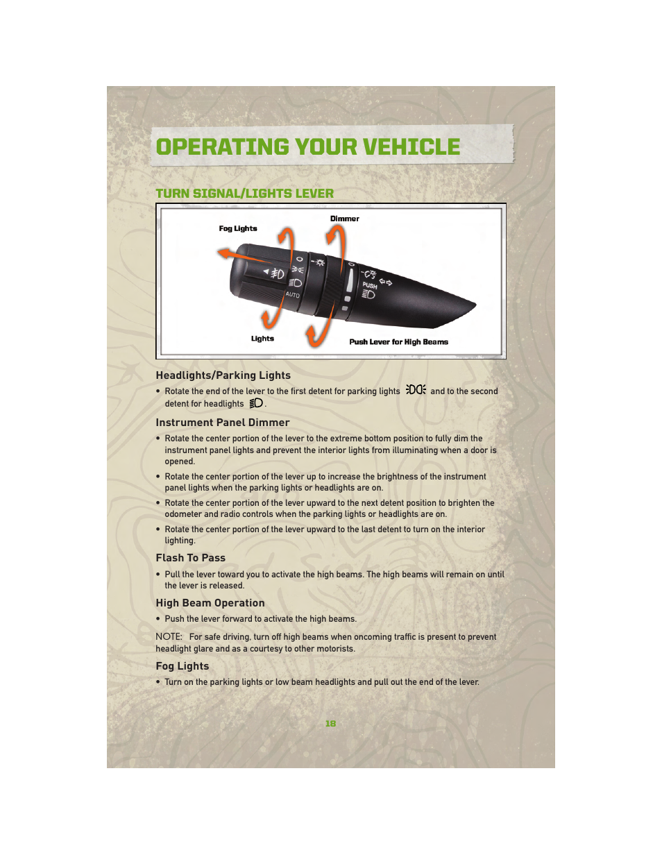 Operating your vehicle, Turn signal/lights lever, Headlights/parking lights | Instrument panel dimmer, Flash to pass, High beam operation, Fog lights | Jeep 2010 Compass - User Guide User Manual | Page 20 / 76