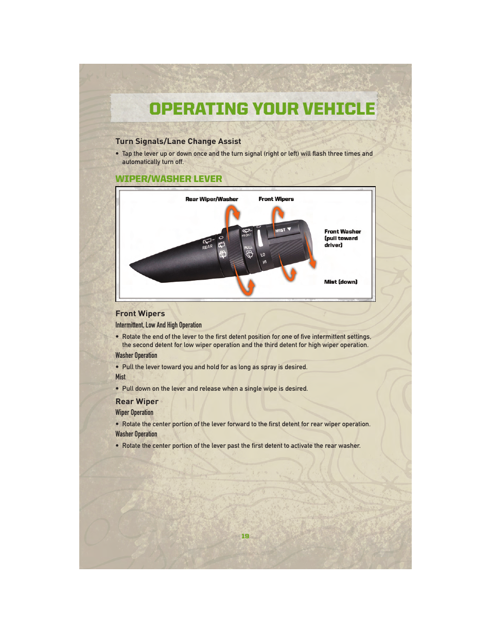Turn signals/lane change assist, Wiper/washer lever, Front wipers | Rear wiper, Operating your vehicle | Jeep 2010 Compass - User Guide User Manual | Page 21 / 76
