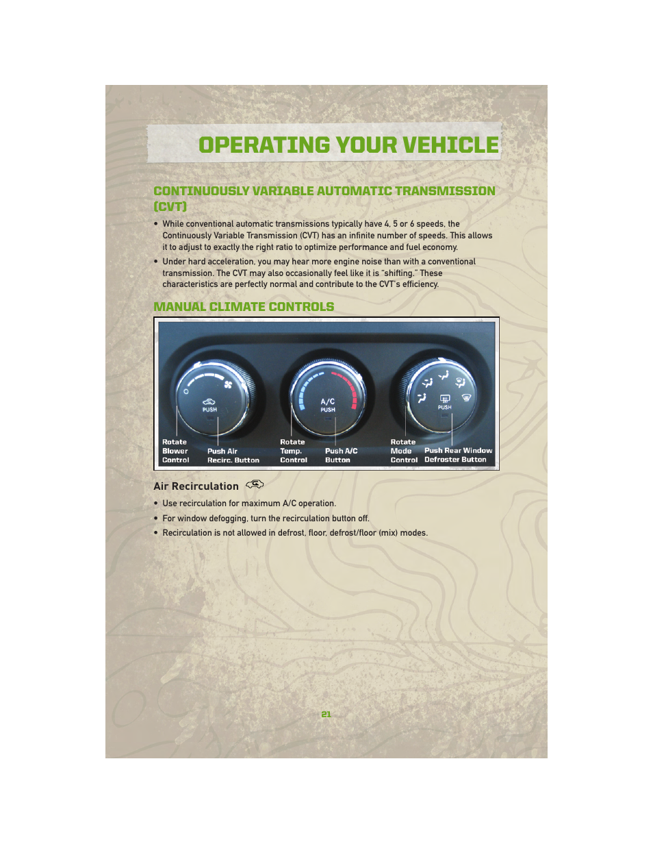 Continuously variable automatic transmission (cvt), Manual climate controls, Air recirculation | Operating your vehicle | Jeep 2010 Compass - User Guide User Manual | Page 23 / 76