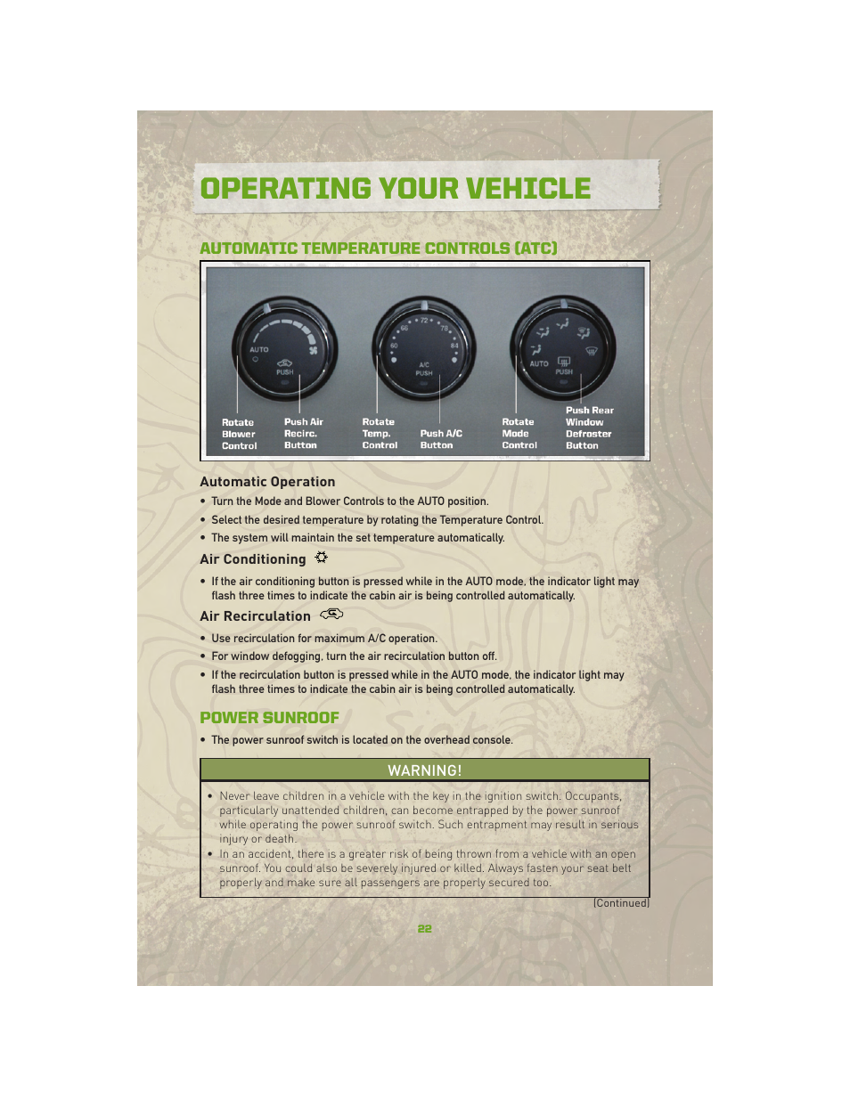 Automatic temperature controls (atc), Automatic operation, Air conditioning | Air recirculation, Power sunroof, Operating your vehicle | Jeep 2010 Compass - User Guide User Manual | Page 24 / 76