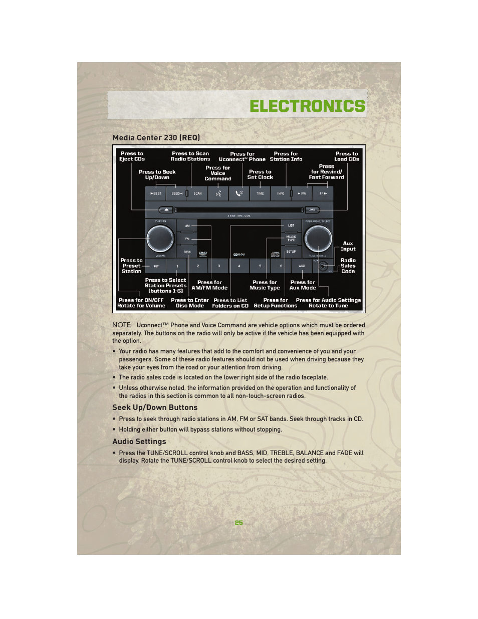Media center 230 (req), Seek up/down buttons, Audio settings | Electronics | Jeep 2010 Compass - User Guide User Manual | Page 27 / 76
