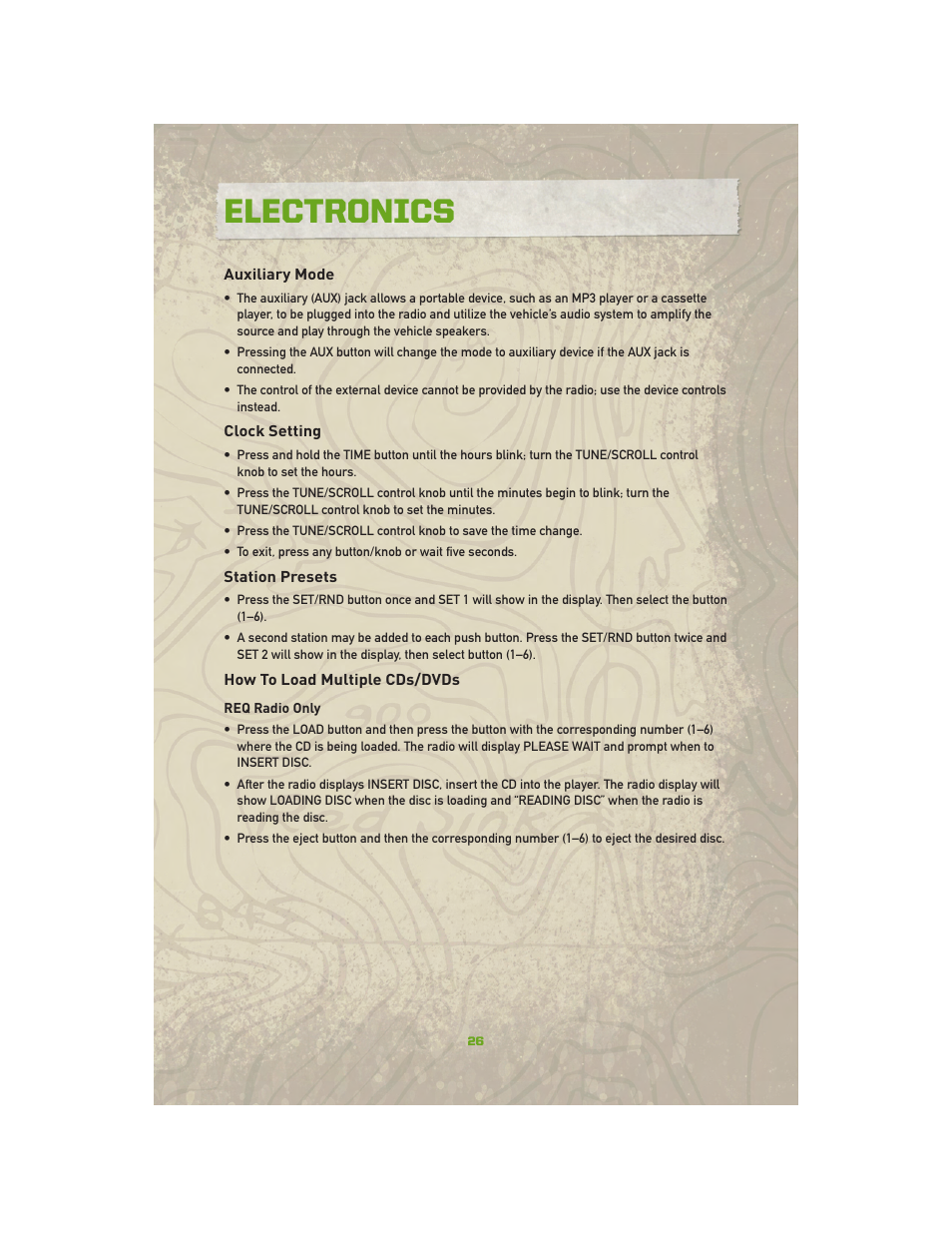 Auxiliary mode, Clock setting, Station presets | How to load multiple cds/dvds, Electronics | Jeep 2010 Compass - User Guide User Manual | Page 28 / 76