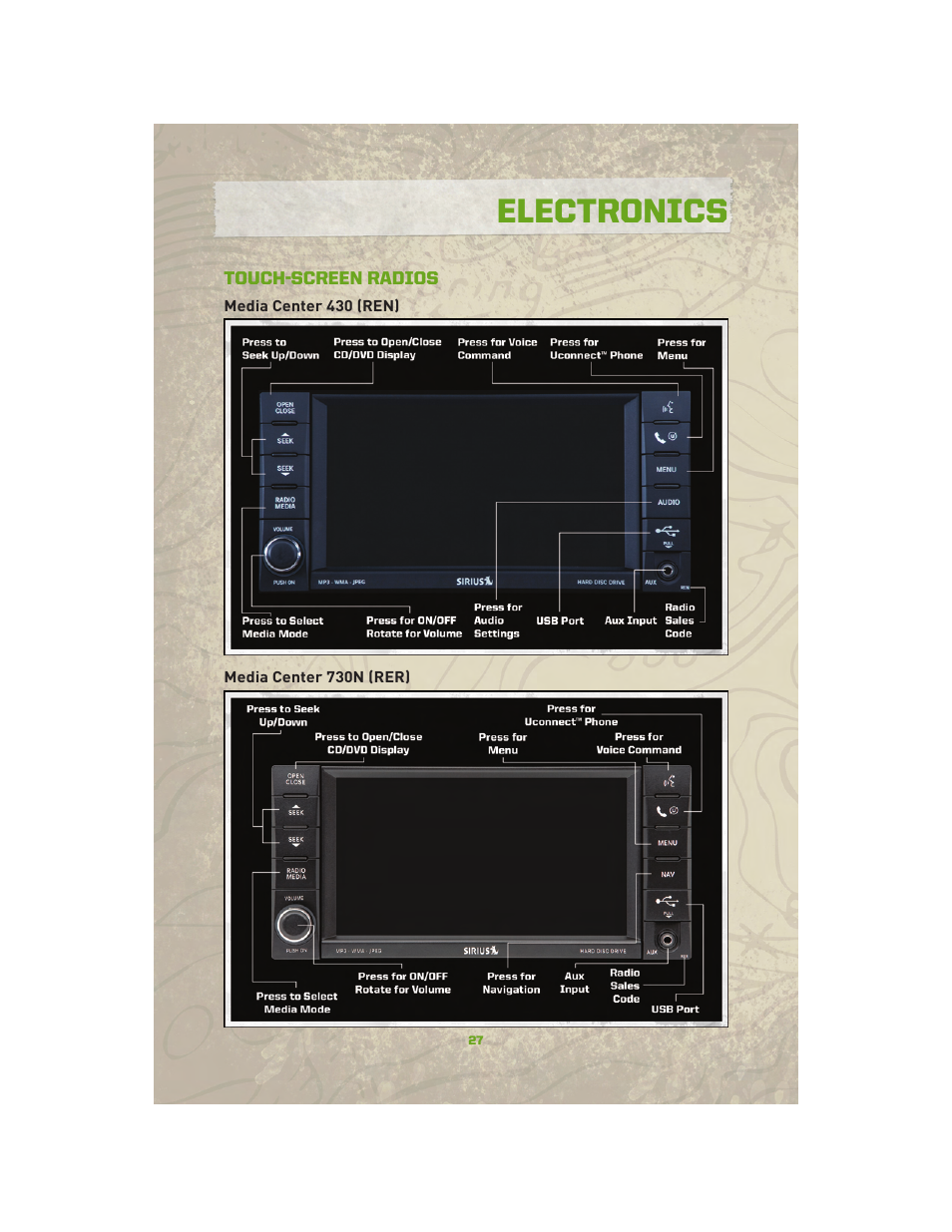 Touch-screen radios, Media center 430 (ren), Media center 730n (rer) | Electronics | Jeep 2010 Compass - User Guide User Manual | Page 29 / 76