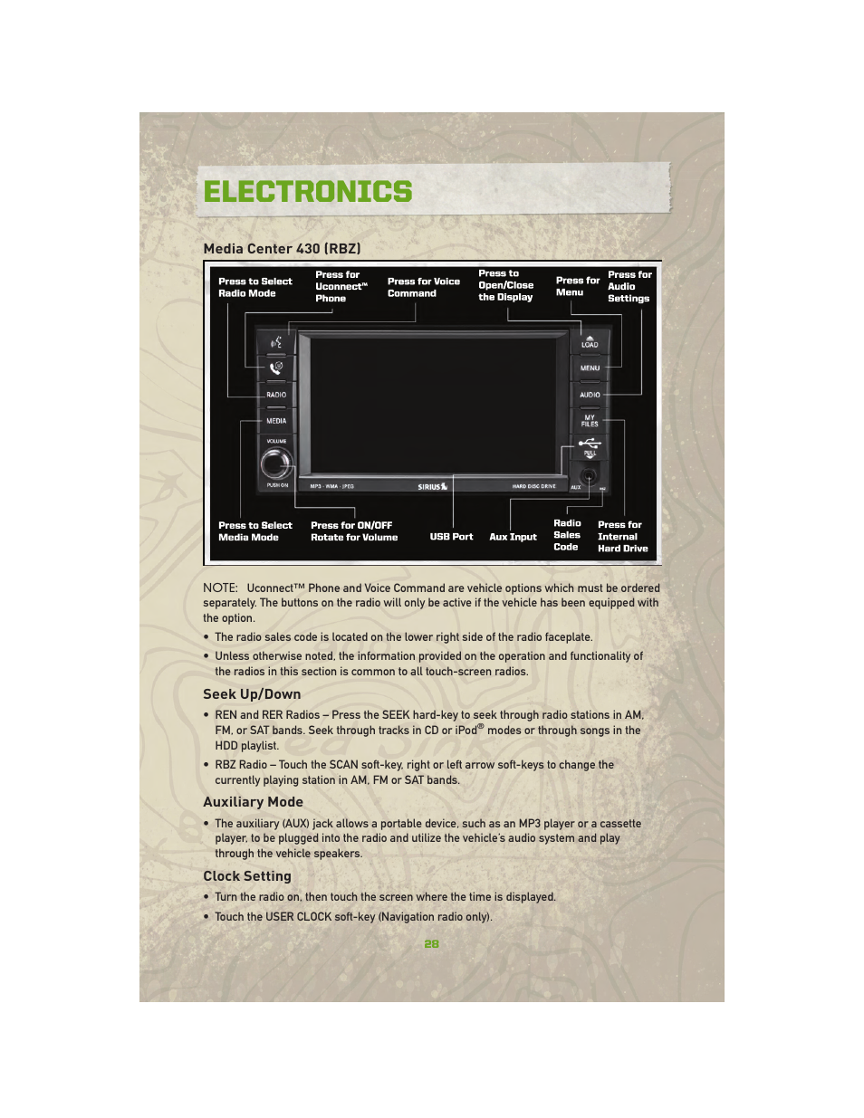 Media center 430 (rbz), Seek up/down, Auxiliary mode | Clock setting, Electronics | Jeep 2010 Compass - User Guide User Manual | Page 30 / 76