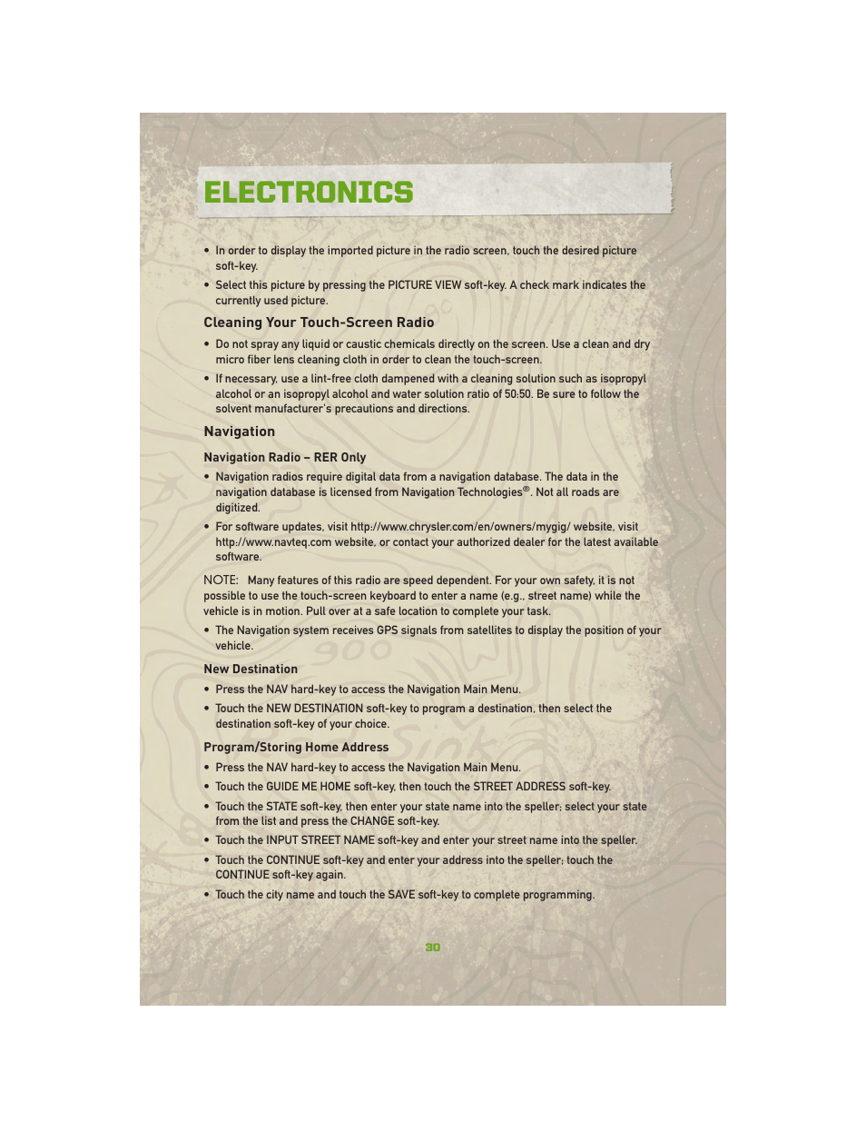 Cleaning your touch-screen radio, Navigation, Electronics | Jeep 2010 Compass - User Guide User Manual | Page 32 / 76