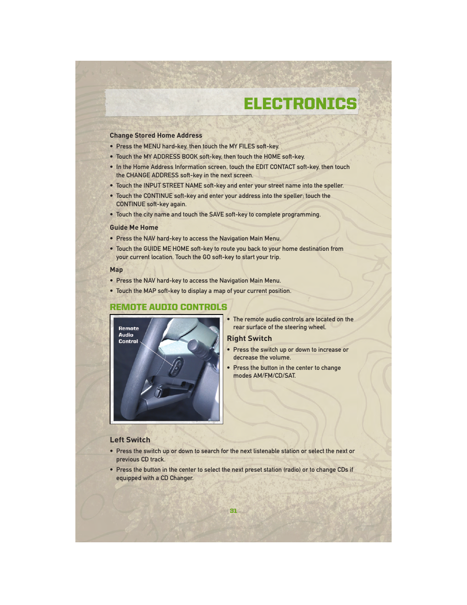 Remote audio controls, Right switch, Left switch | Electronics | Jeep 2010 Compass - User Guide User Manual | Page 33 / 76