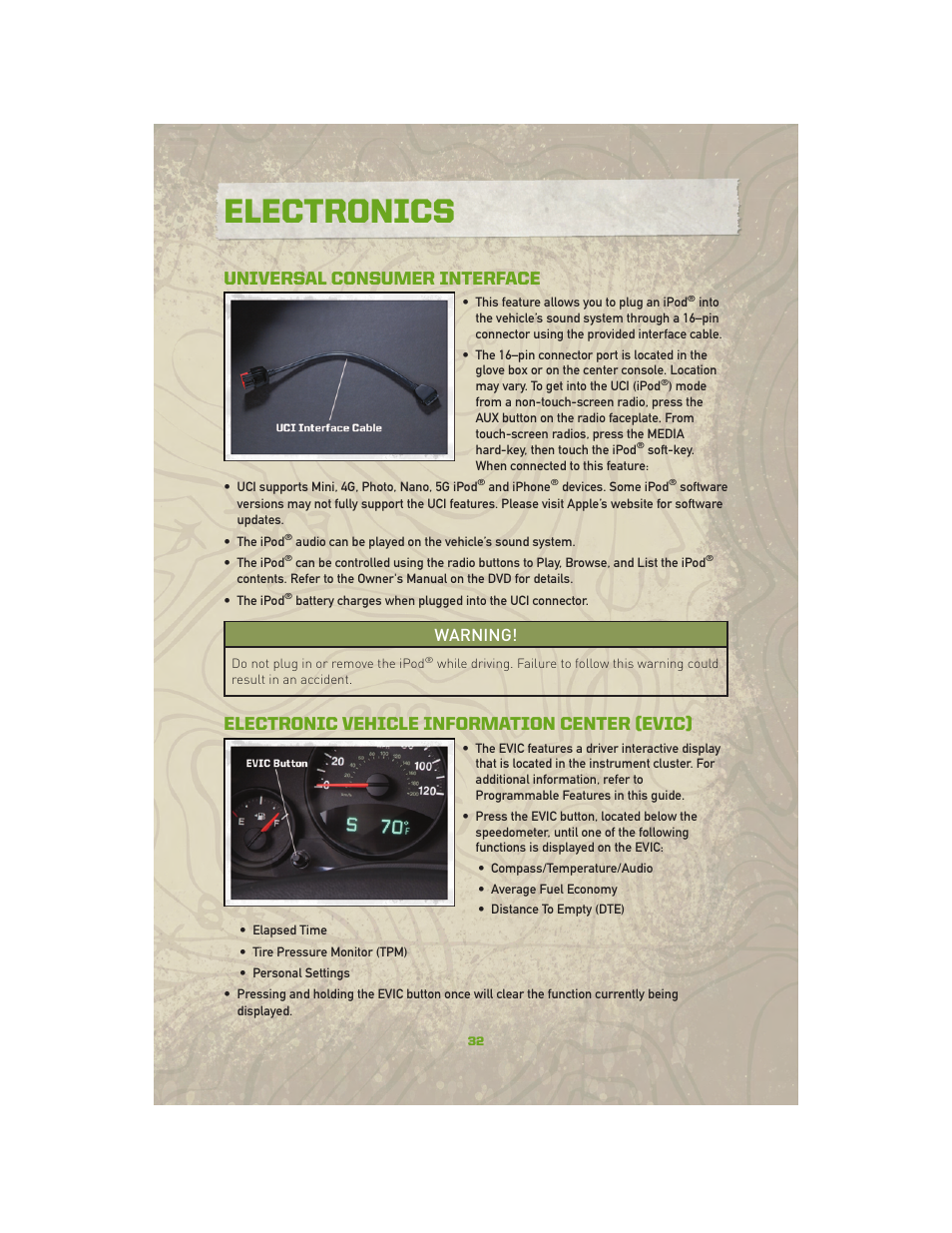 Universal consumer interface, Electronic vehicle information center (evic), Electronics | Warning | Jeep 2010 Compass - User Guide User Manual | Page 34 / 76