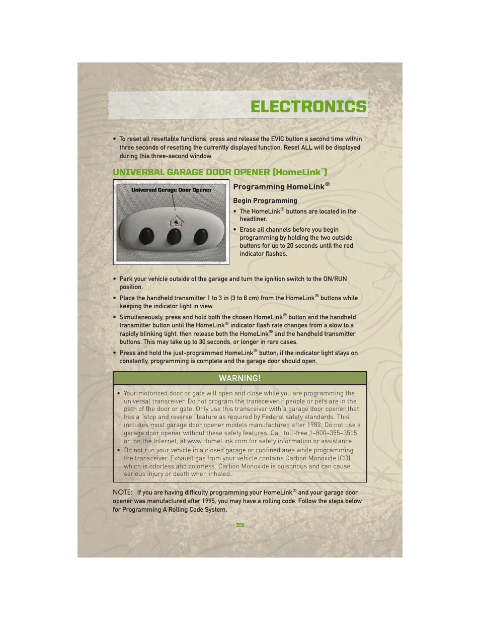 Universal garage door opener (homelink®), Programming homelink, Electronics | Universal garage door opener (homelink, Warning | Jeep 2010 Compass - User Guide User Manual | Page 35 / 76