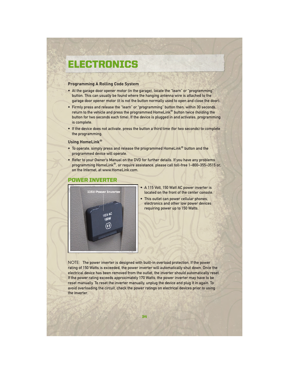 Power inverter, Electronics | Jeep 2010 Compass - User Guide User Manual | Page 36 / 76