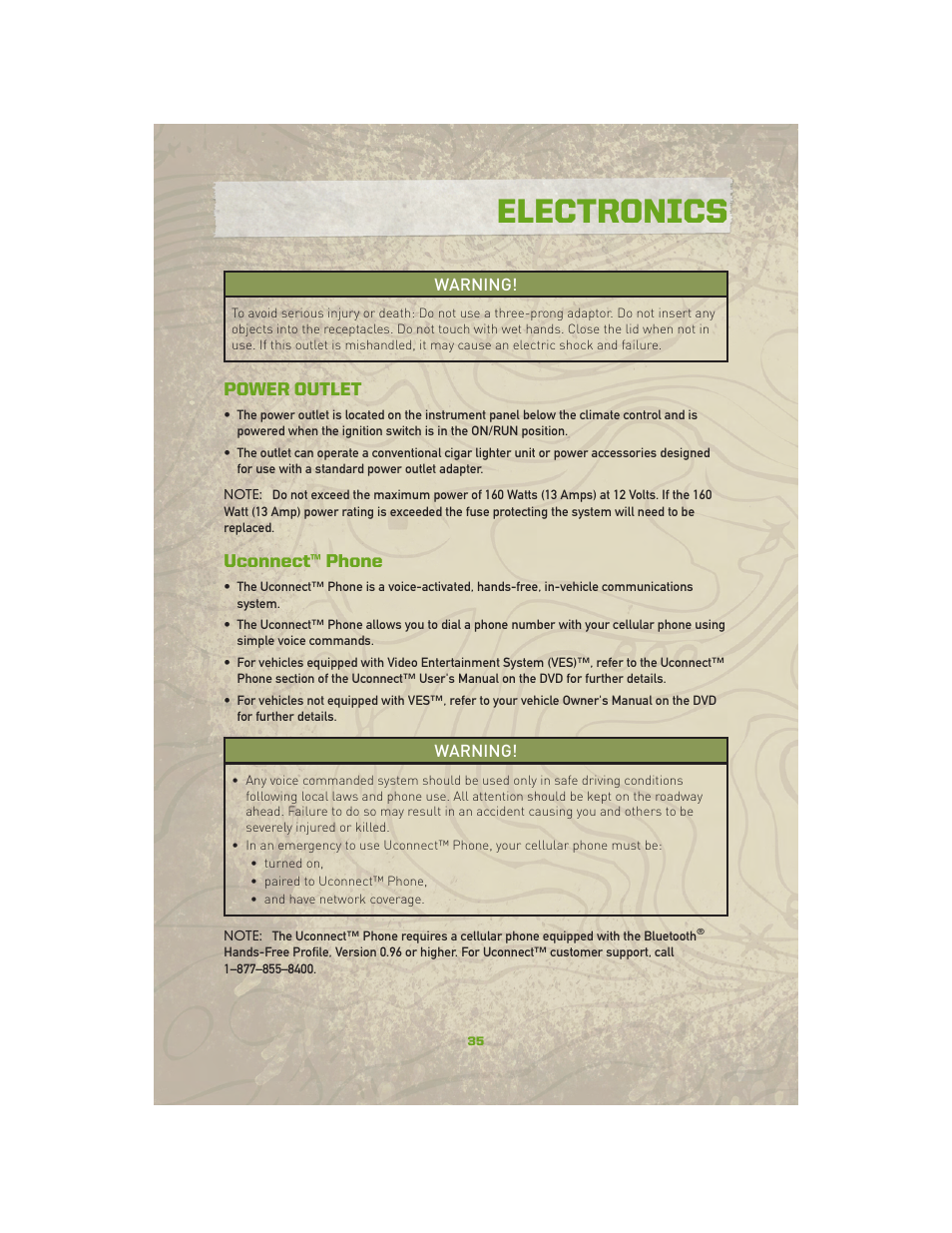 Power outlet, Uconnect™ phone, Electronics | Jeep 2010 Compass - User Guide User Manual | Page 37 / 76