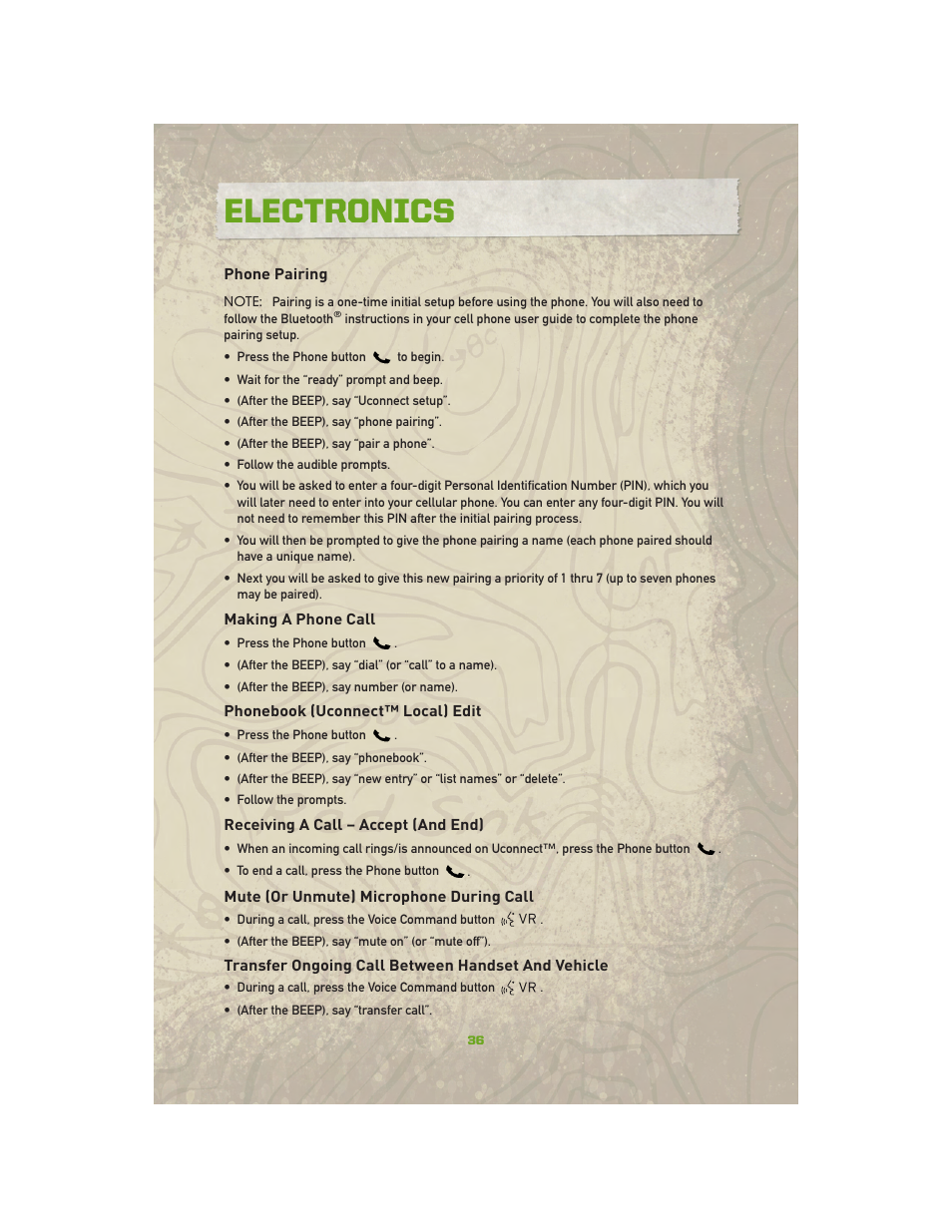Phone pairing, Making a phone call, Phonebook (uconnect™ local) edit | Receiving a call – accept (and end), Mute (or unmute) microphone during call, Transfer ongoing call between handset and vehicle, Electronics | Jeep 2010 Compass - User Guide User Manual | Page 38 / 76