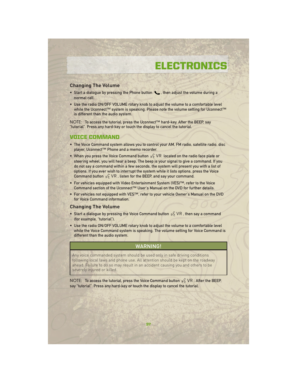 Changing the volume, Voice command, Electronics | Jeep 2010 Compass - User Guide User Manual | Page 39 / 76