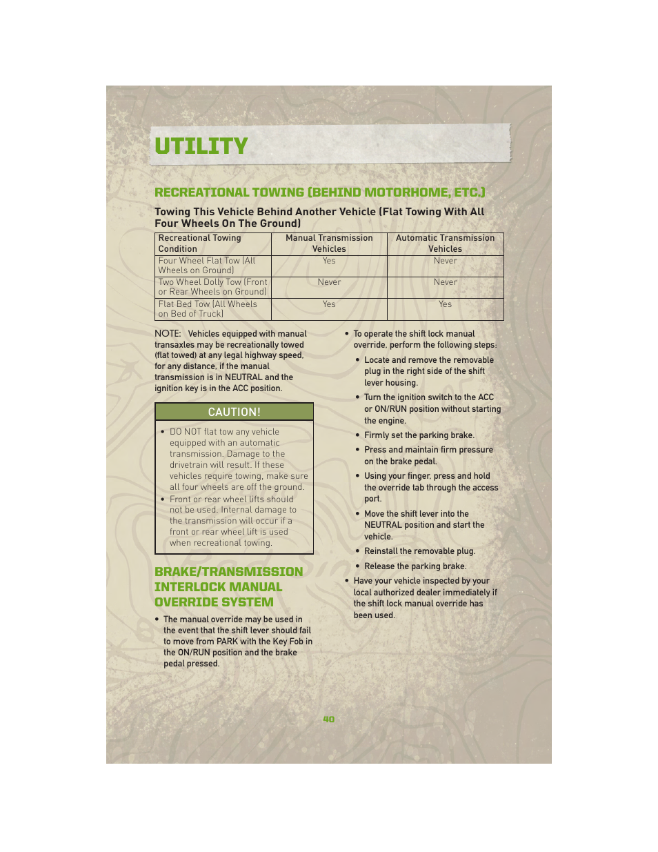 Recreational towing (behind motorhome, etc.), Utility | Jeep 2010 Compass - User Guide User Manual | Page 42 / 76