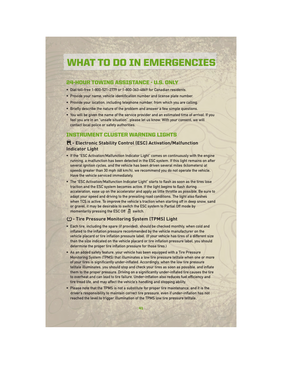 What to do in emergencies, Hour towing assistance - u.s. only, Instrument cluster warning lights | Tire pressure monitoring system (tpms) light | Jeep 2010 Compass - User Guide User Manual | Page 43 / 76