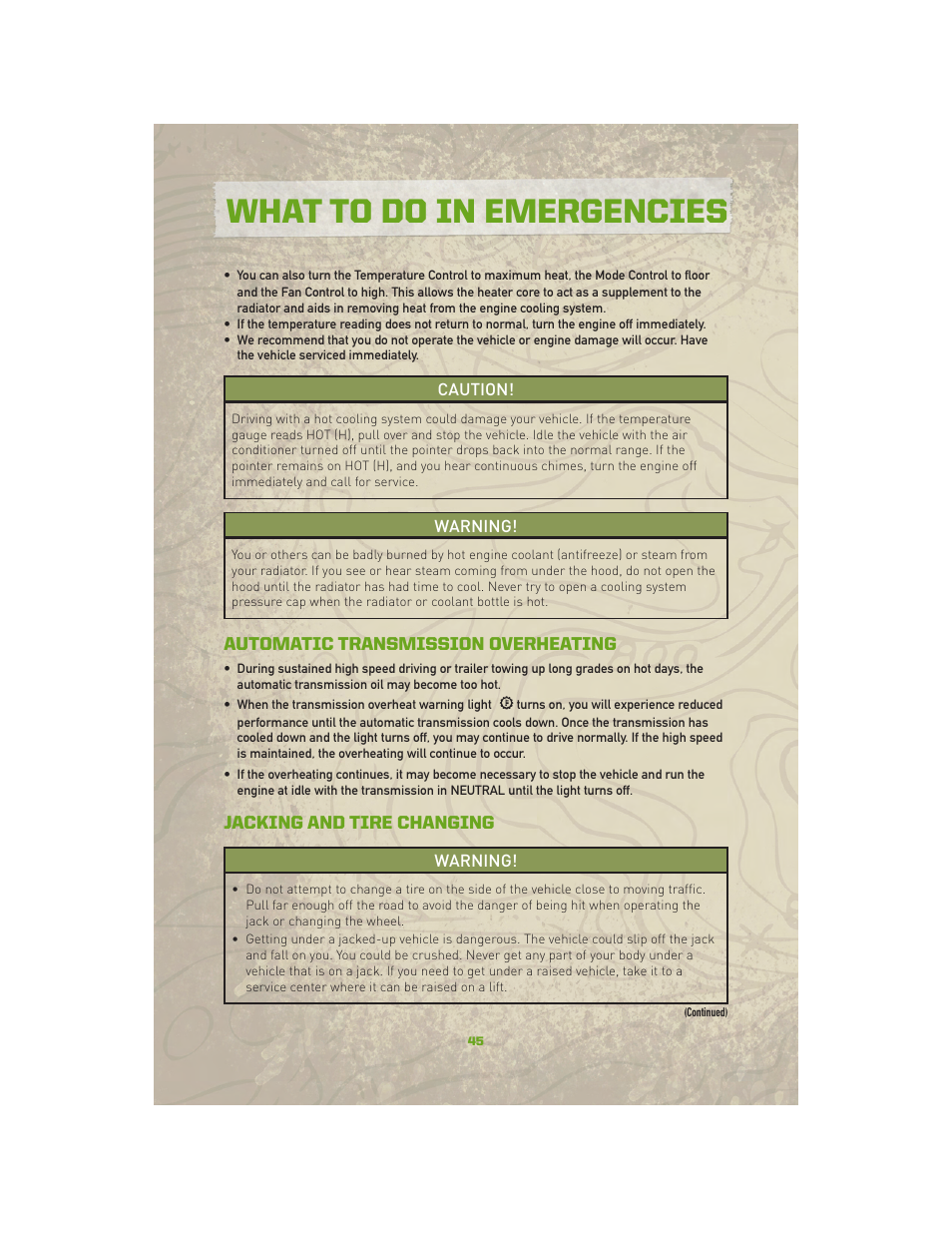 Automatic transmission overheating, Jacking and tire changing, What to do in emergencies | Jeep 2010 Compass - User Guide User Manual | Page 47 / 76